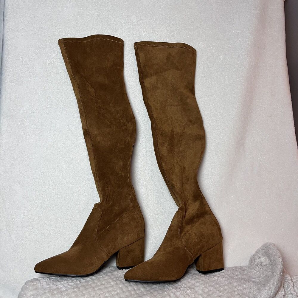 Goodnight Macaroon Marlo Tan Suede Over The Knee Boots Block Heel Size 7.5 NWOT - Picture 4 of 9